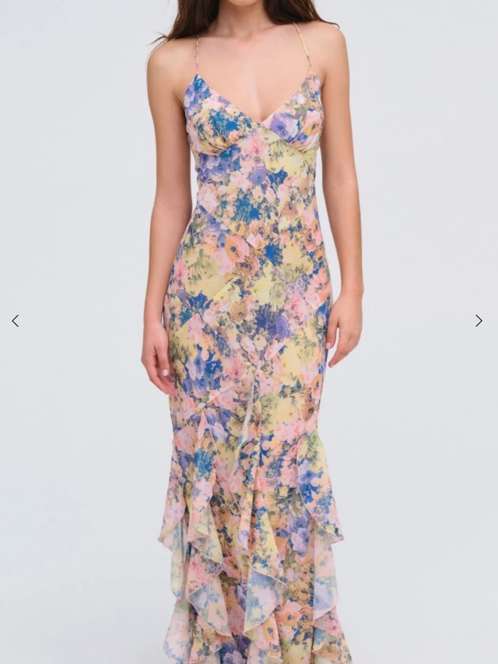 For Love & Lemons Floral Maxi Slip Dress in Pastel Yellow, Pink & Blue